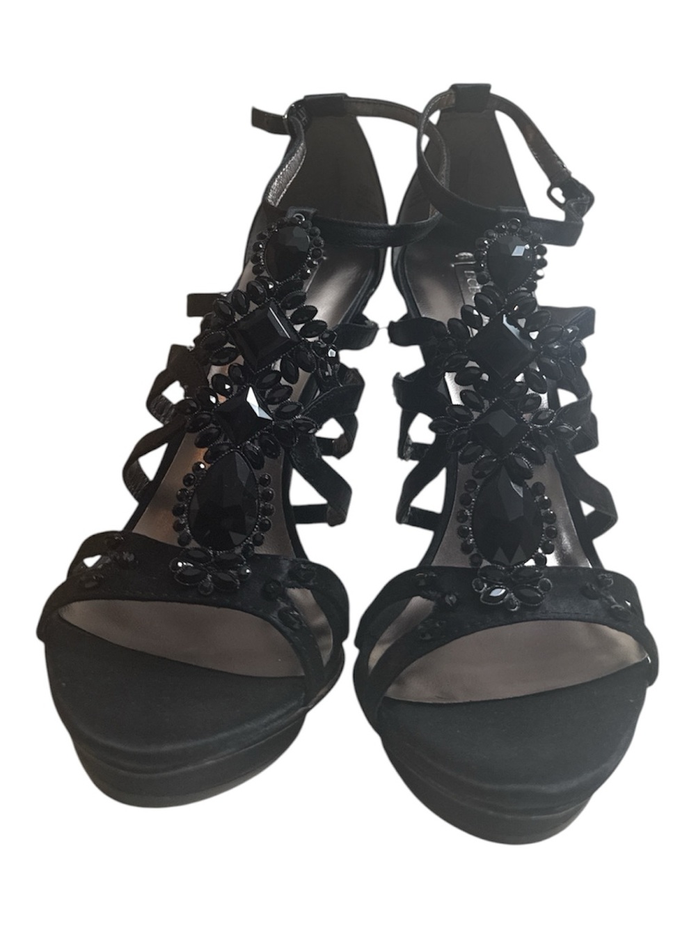BCBGMAXAZRIA Jocelyn Black Satin Jeweled Heels Size 7 New in Box